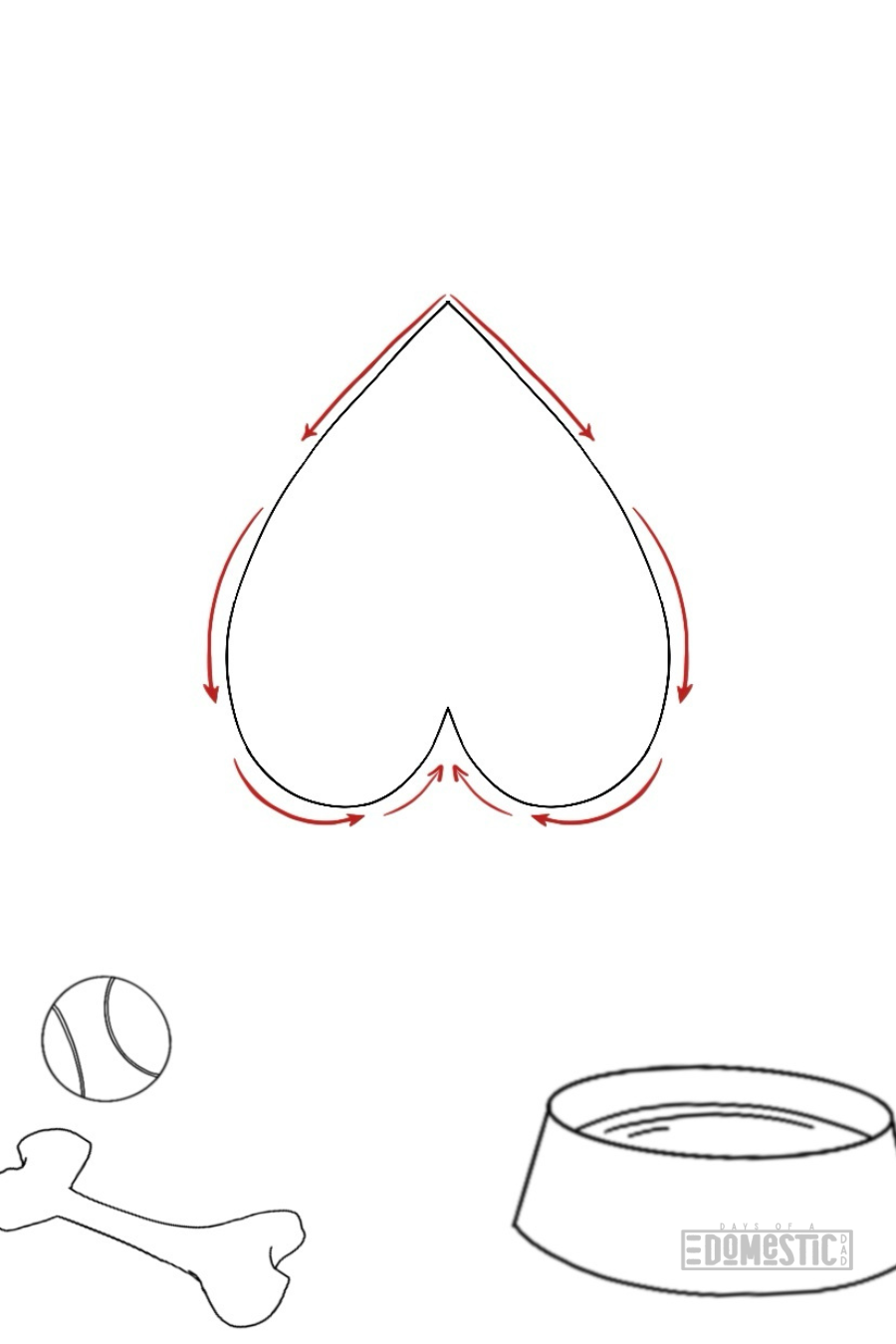 
Draw an Upside Down Heart: Start by drawing an upside-down heart shape. Make sure it is equal in size as this will be the face of the dog. This simple shape will give your dog a cute and rounded look.