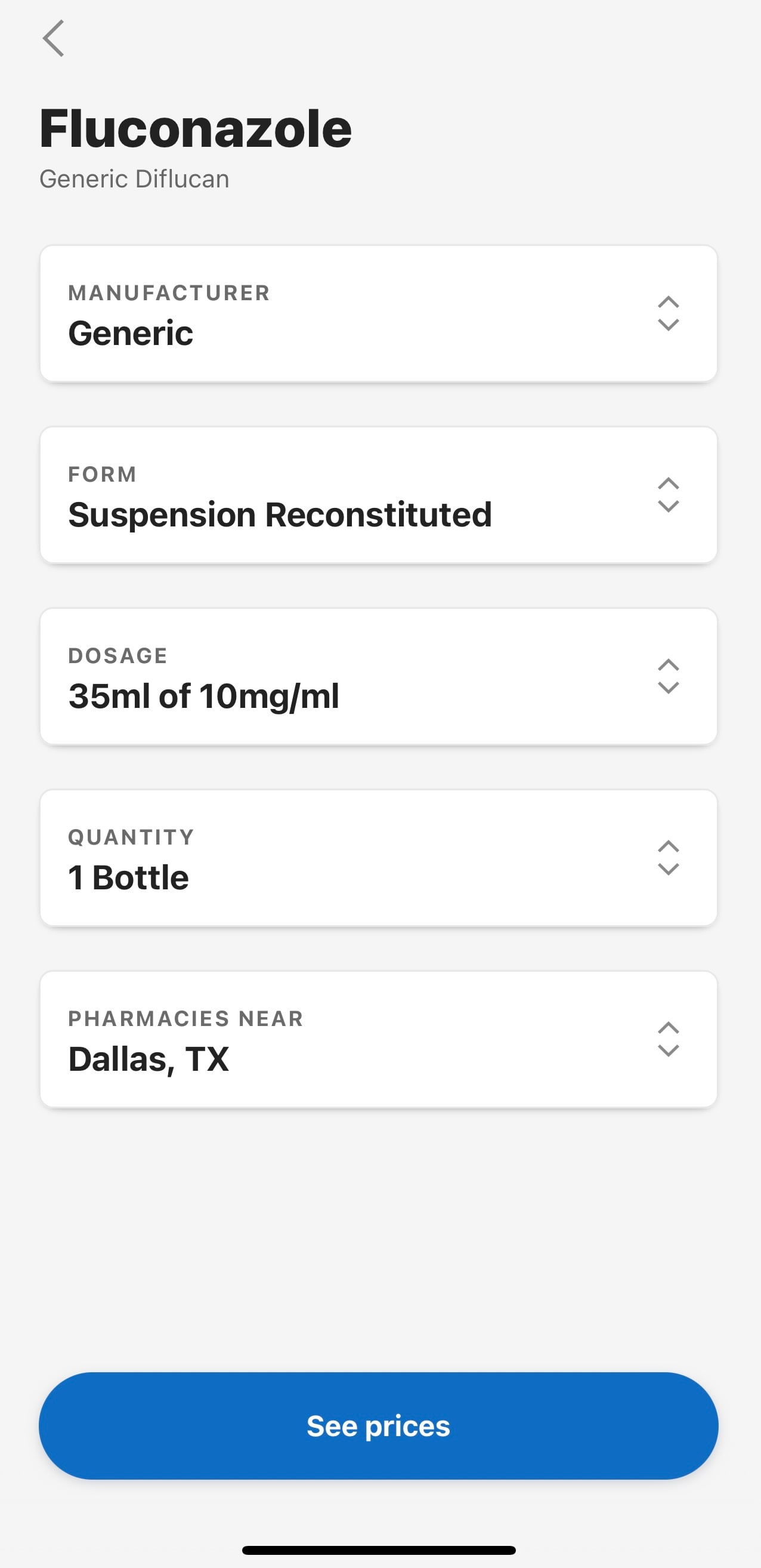 Screenshot of the app, searching for different types of medications