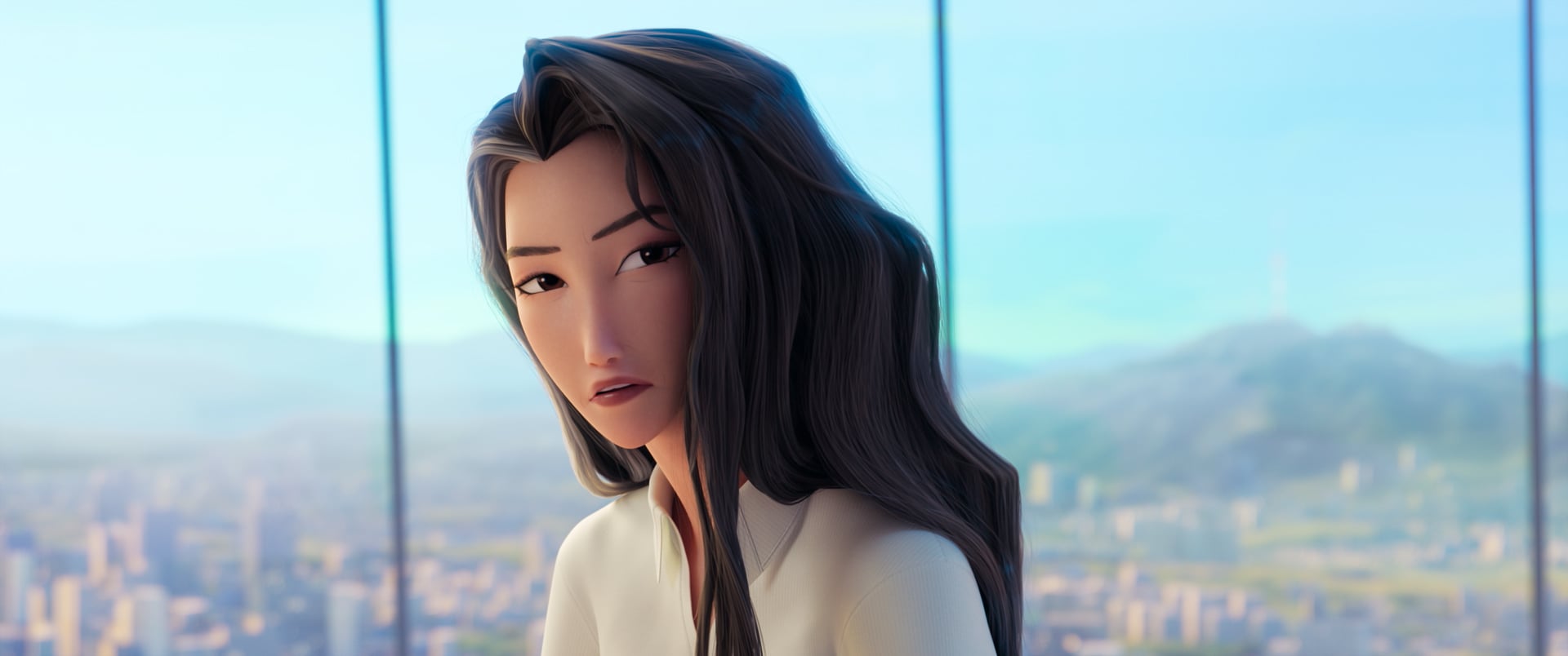 Mysterious woman with long dark hair gazes out from a high-rise window over the city in KPop Demon Hunters.