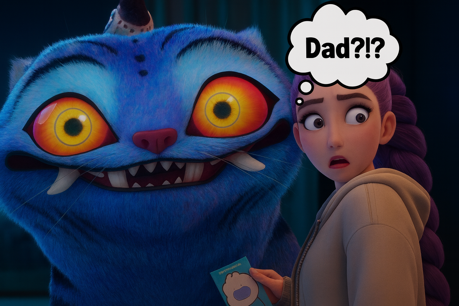 Rumi looks shocked beside a blue spirit as a thought bubble over her head reads “Dad?!?” in KPop Demon Hunters.