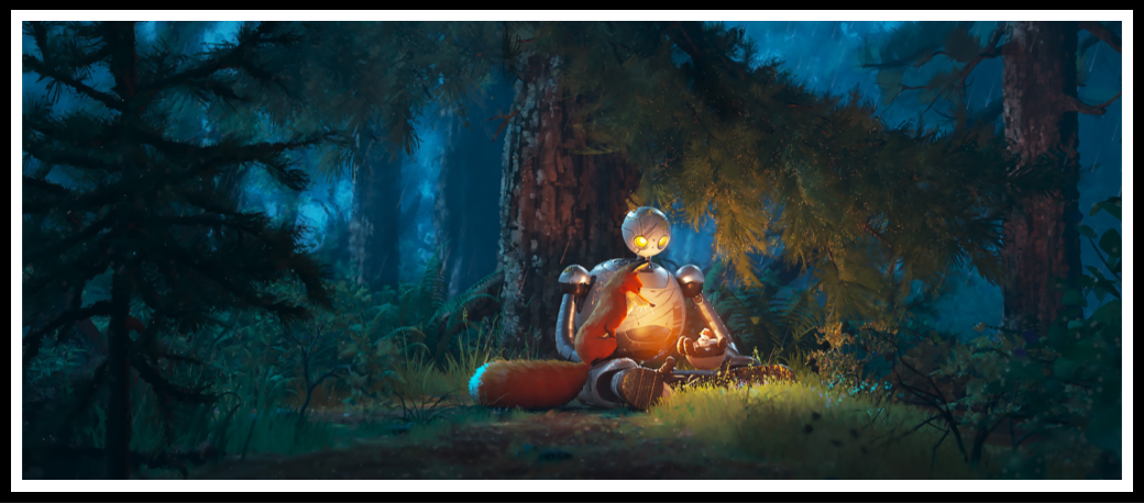 Roz, the robot, sitting under the trees at night, holding and comforting a fox, Fink, as they share a glowing warmth in the forest, capturing a serene and touching moment from DreamWorks Animation's movie 'Cast of The Wild Robot'.