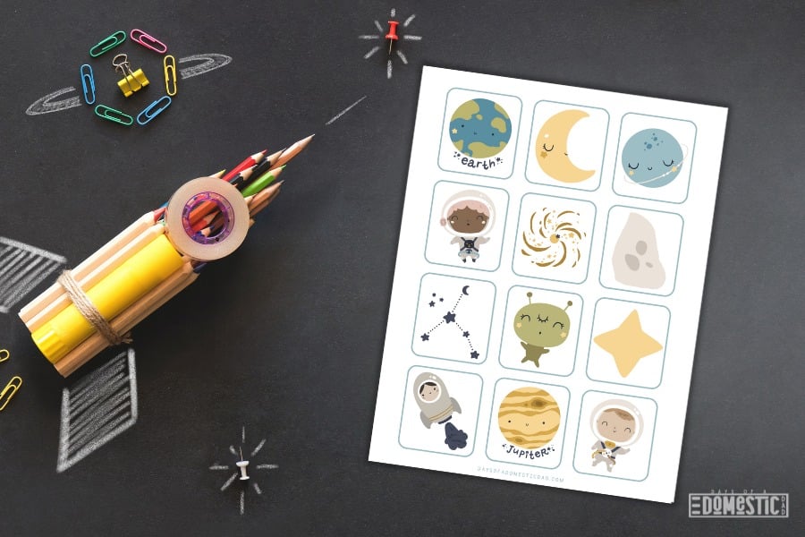 printable space memory cards on black tabletop
