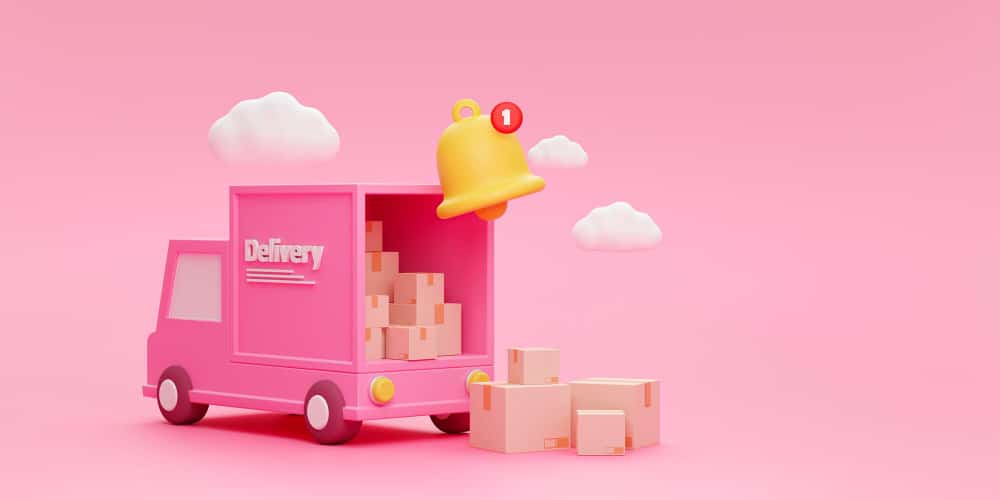 Free photo shipment delivery by truck and bell notification delivery transportation concept 3d rendering
