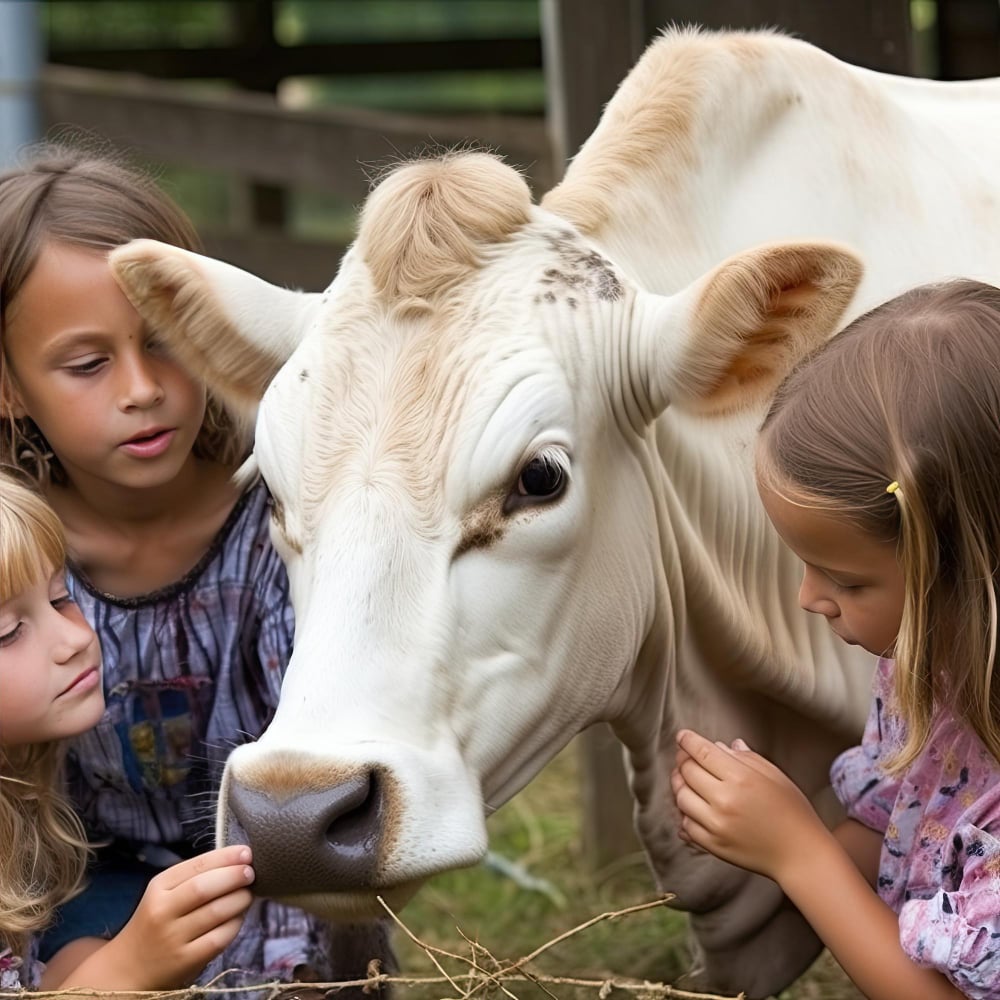 Three young girls petting a cow in a field.
