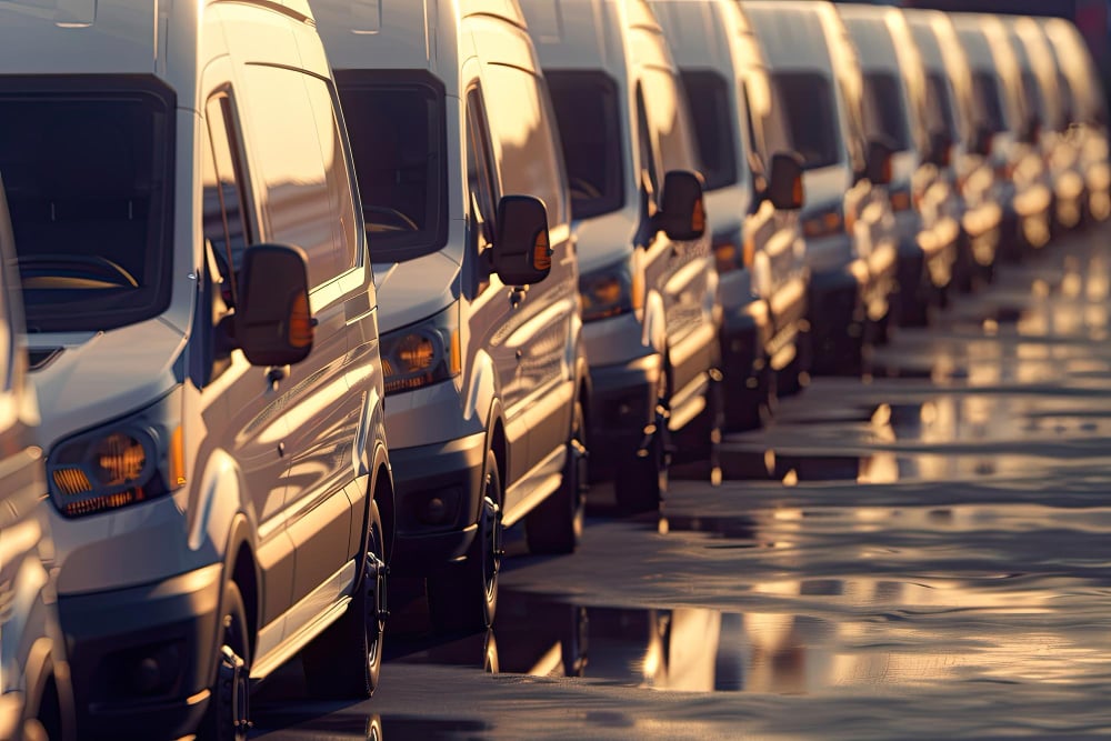 Delivery vans are parked in rows Commercial Shipping service company delivery of vans in a row