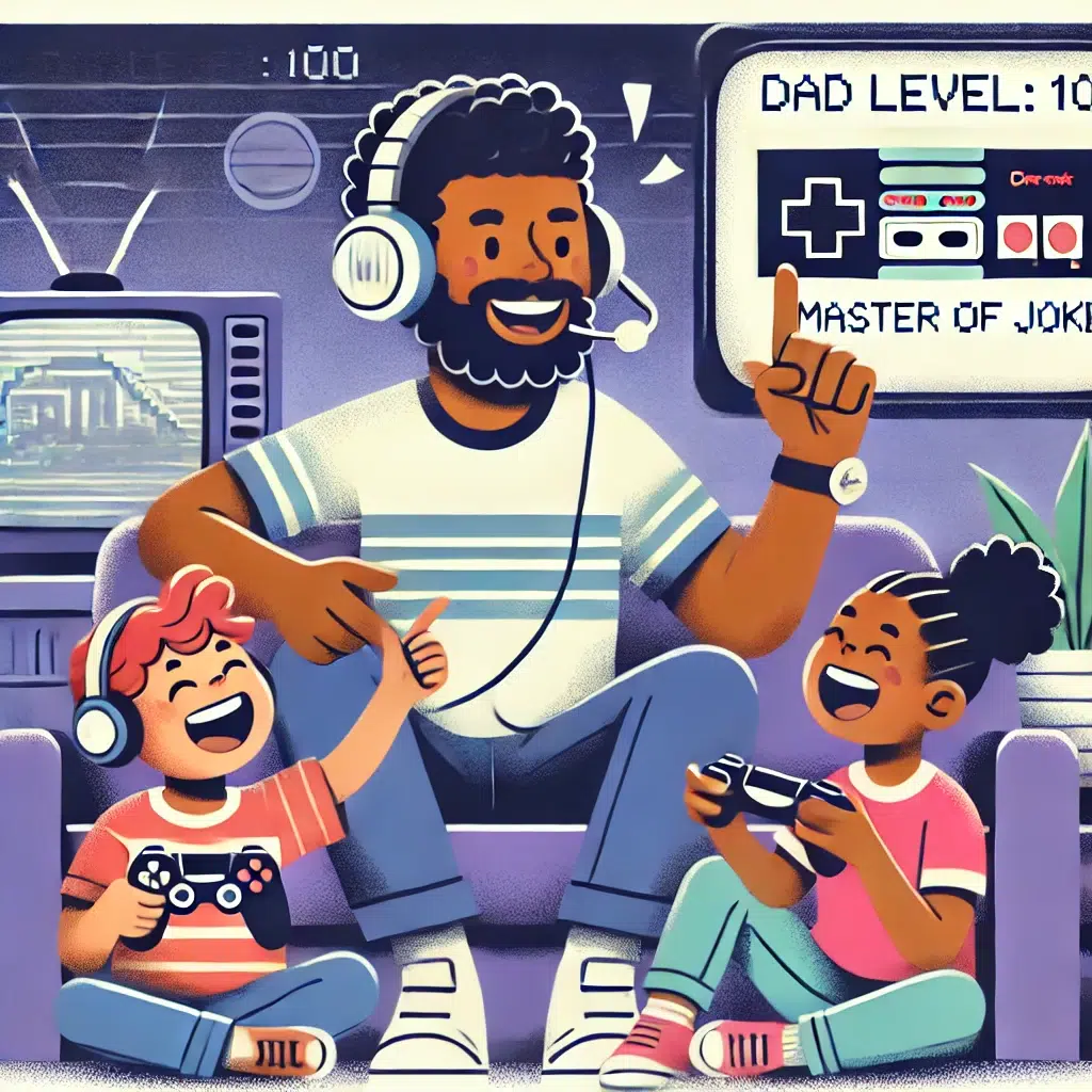 Cartoon illustration of a dad sitting on a couch playing video games with his kids. One child is holding a game controller, while the other is laughing at the screen. The dad, wearing a headset, is shown with a playful message above him, 'Dad Level: 100.' The scene captures a fun family gaming moment.