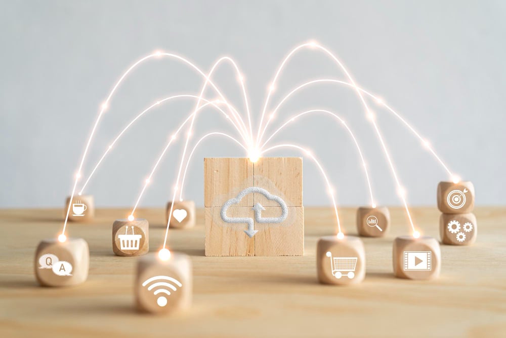 Photo virtual cloud computing are printed screen on wooden cubes block and connect line with others social media and online shopping icons such as
