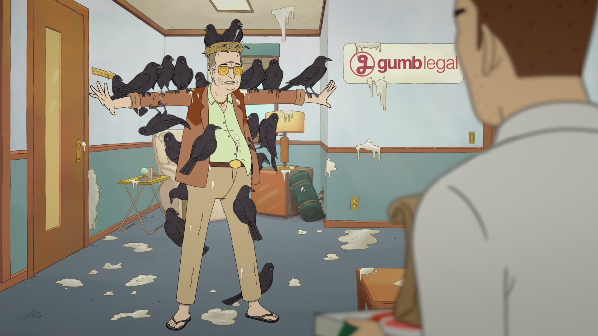 Absurd animated scene from Netflix’s Strip Law showing a character covered in birds inside a chaotic office.