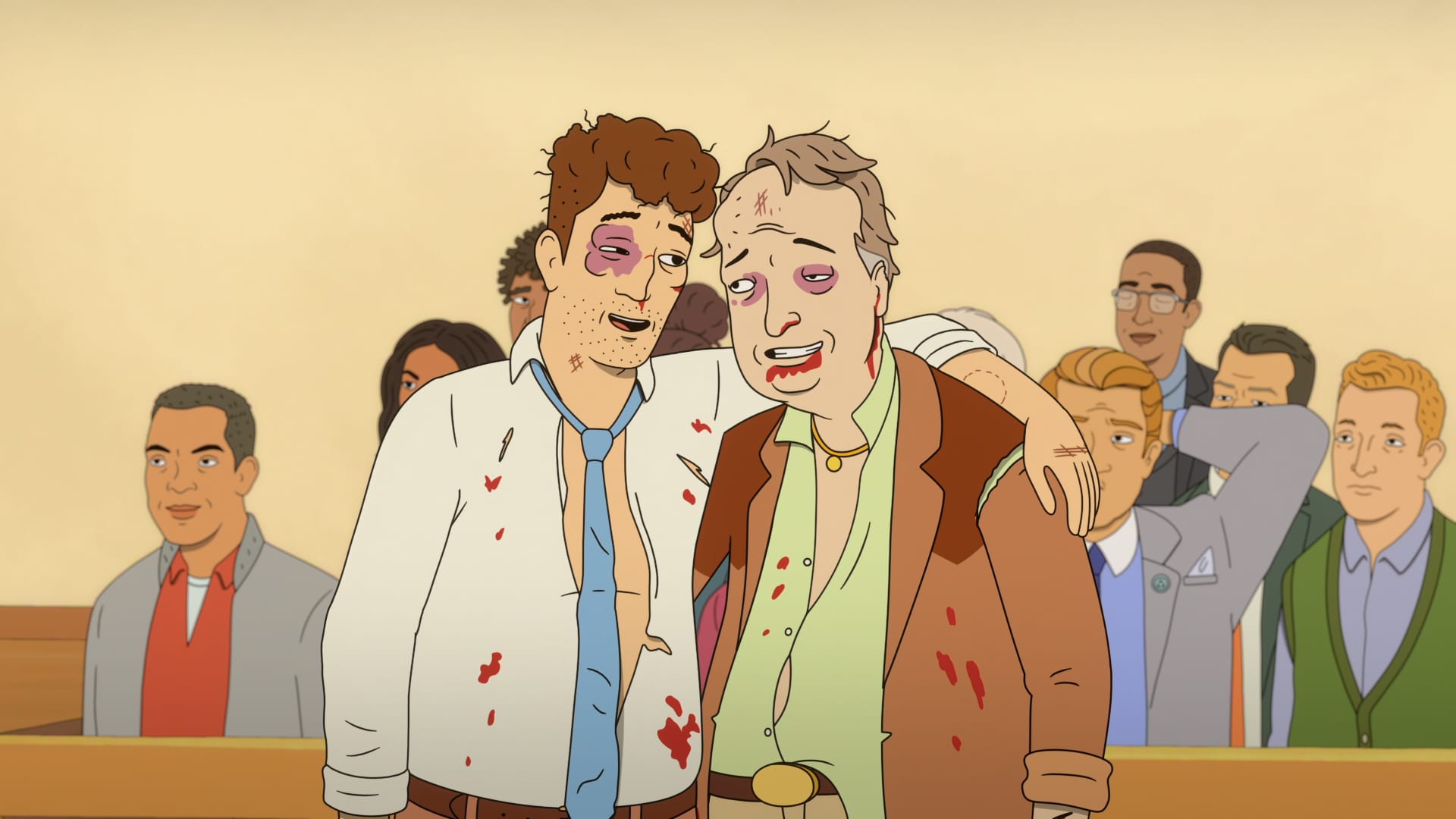Injured animated characters in Netflix’s Strip Law after a violent confrontation, highlighting mature themes.