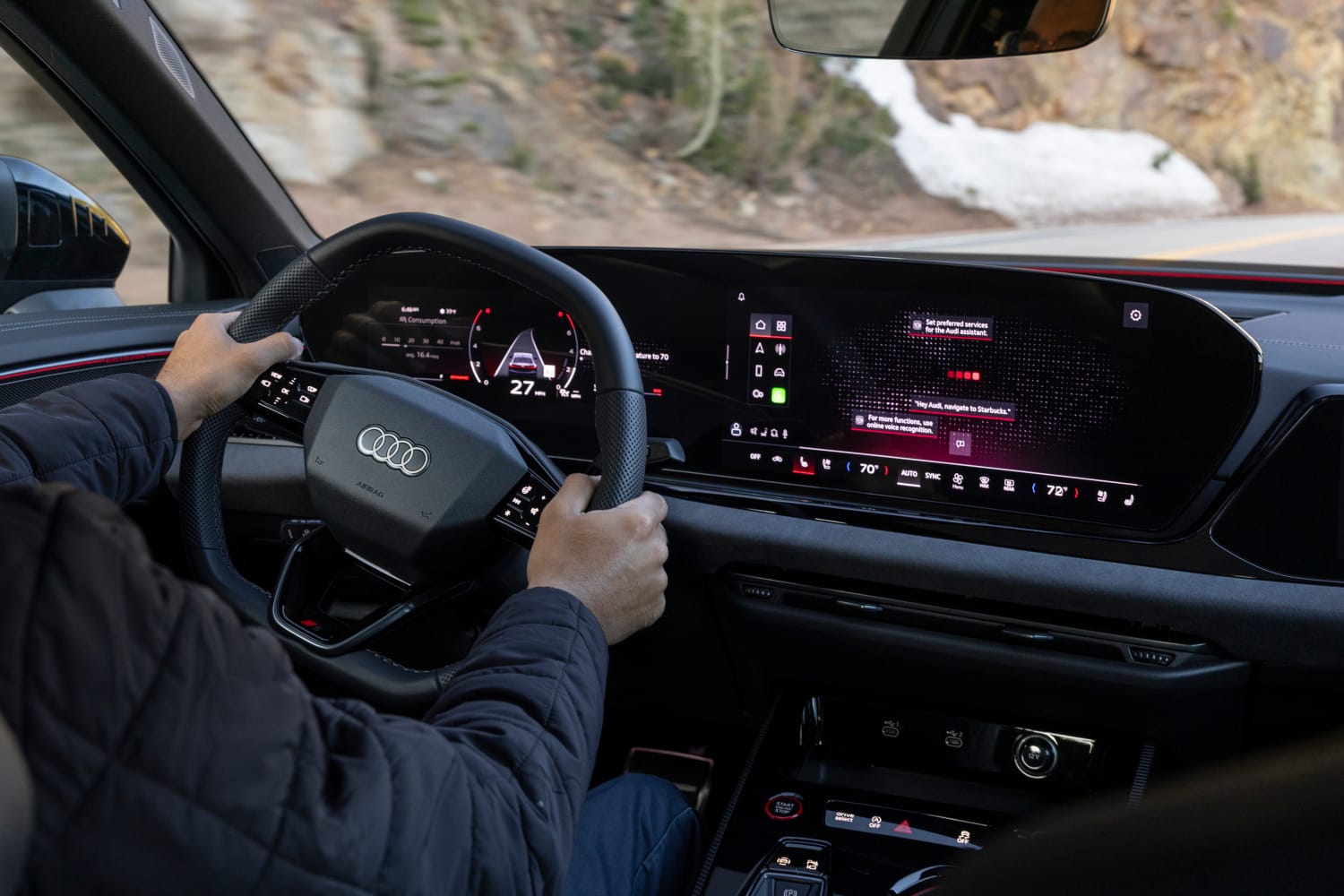 Interior view of the 2026 Audi S5 dashboard featuring the massive 14.5-inch MMI touch display and digital cockpit.