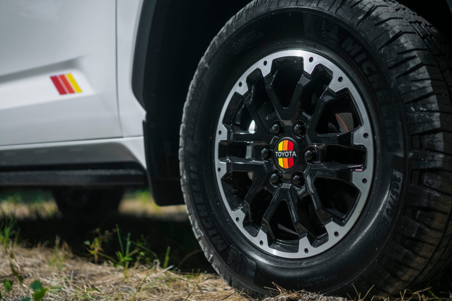Close-up of TRD Rally wheels and all-terrain tires on the 2026 Toyota Tundra