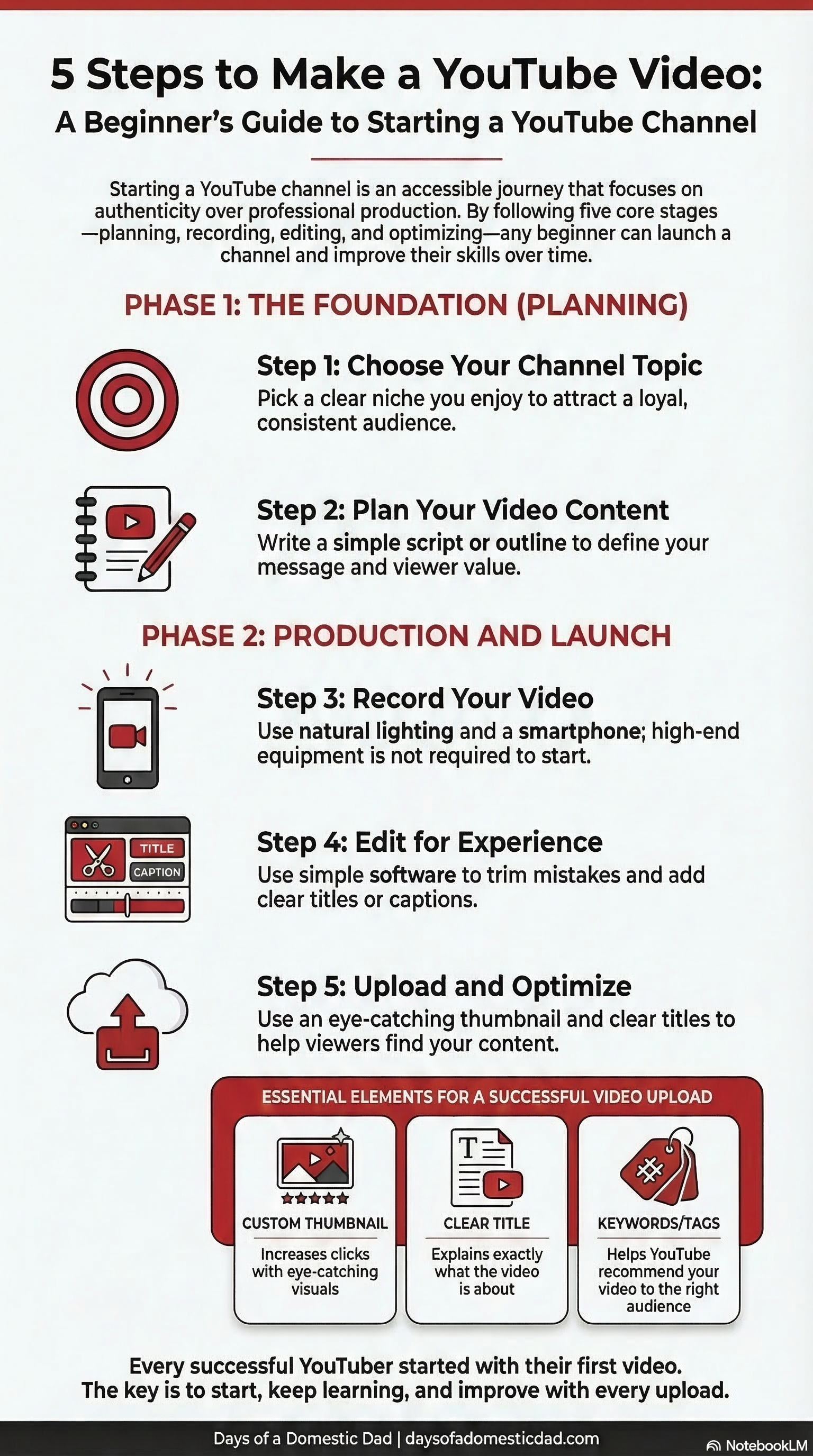 infographic showing the 5 steps to make a YouTube video for beginners starting a YouTube channel