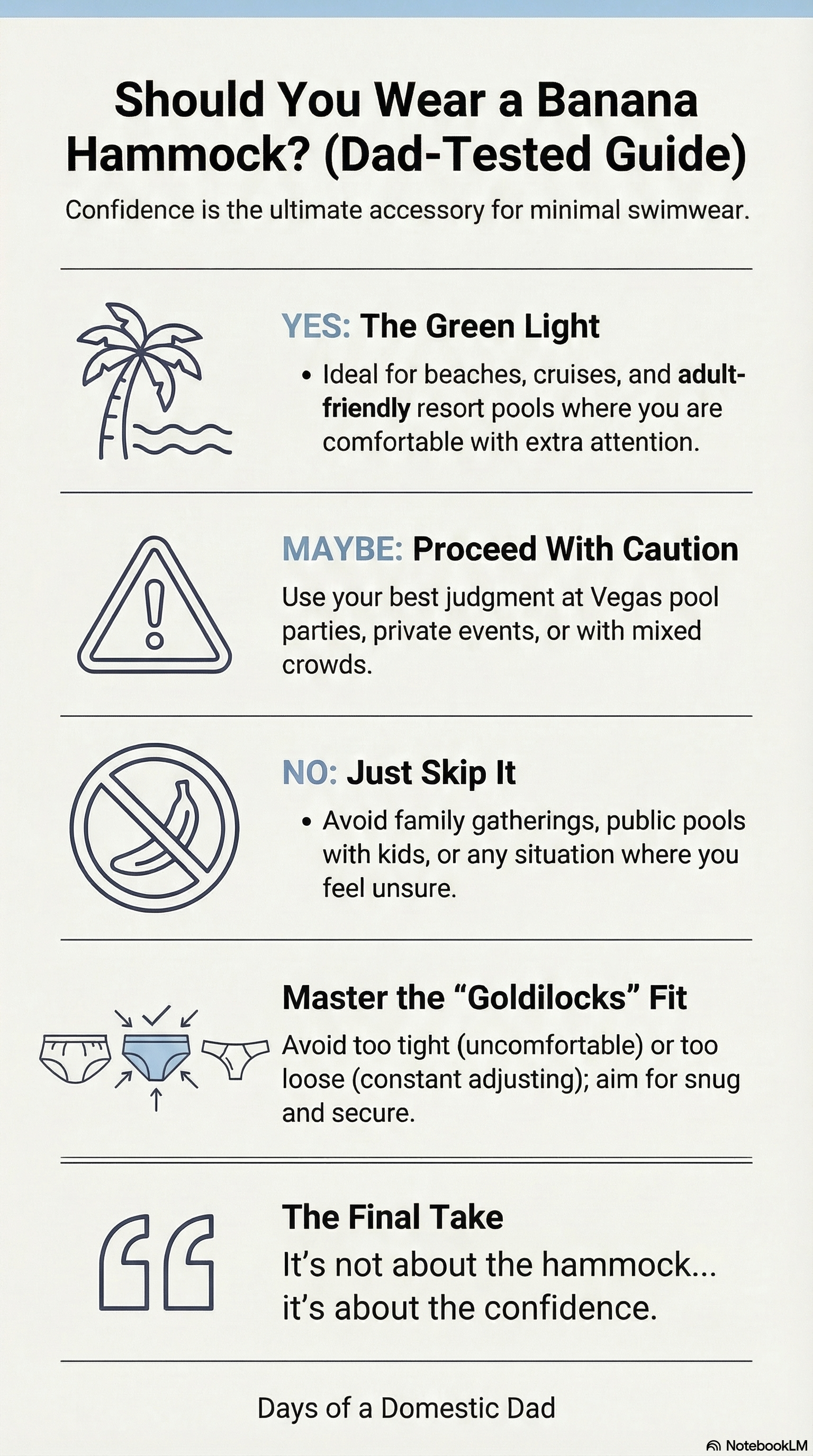 Infographic showing when men should wear a banana hammock including beach, cruise, and pool scenarios