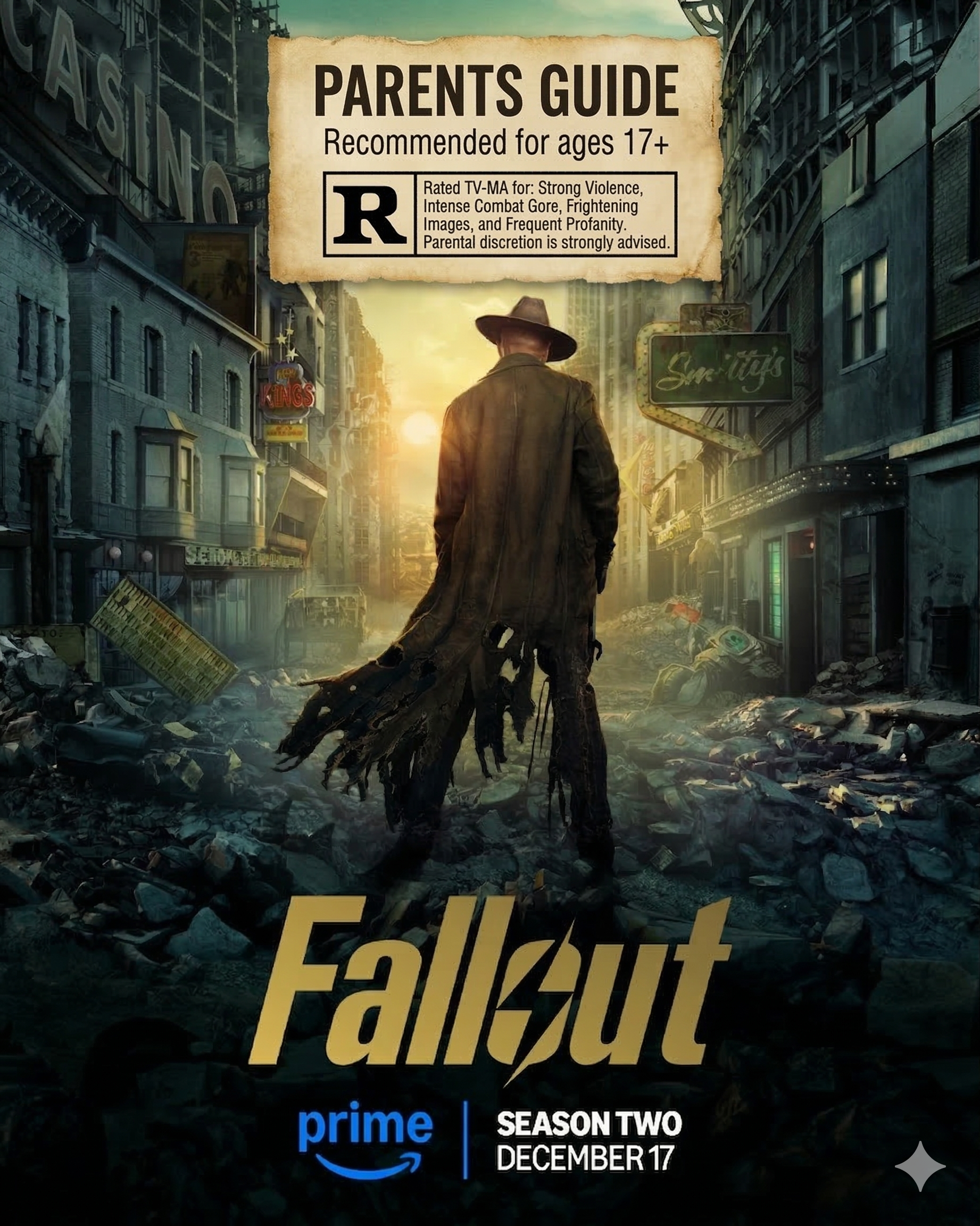Fallout parents guide Amazon Prime series poster showing the Ghoul standing in a ruined city wasteland