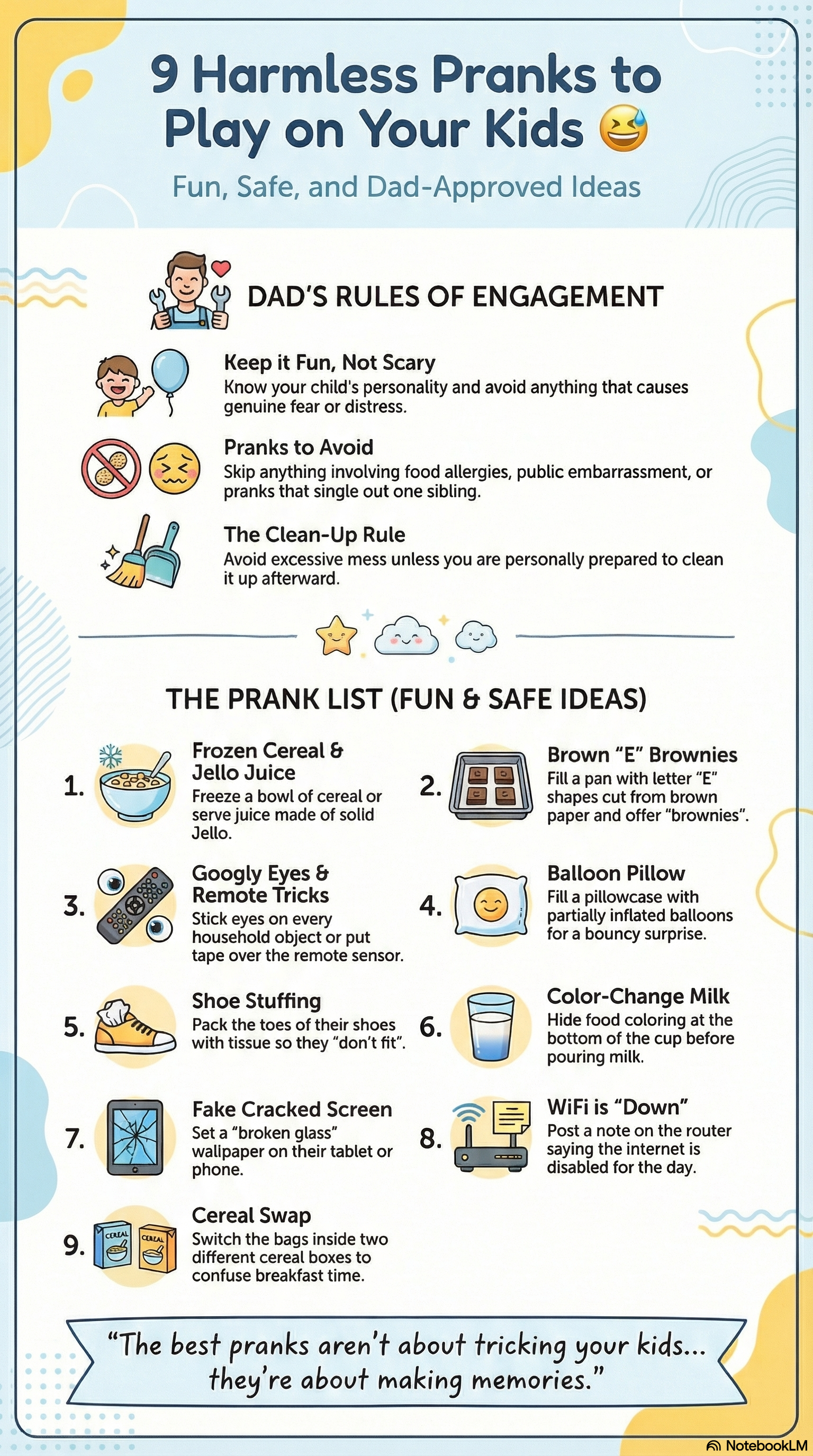 Infographic with 15 funny and harmless prank ideas for kids that parents can do at home