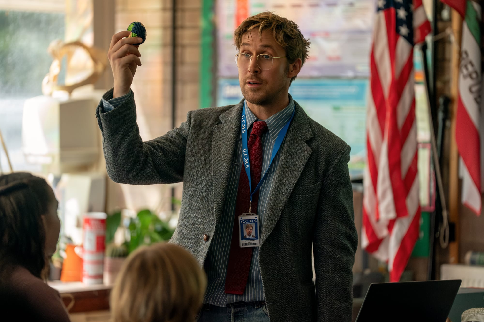 Ryan Gosling as science teacher Ryland Grace in a classroom scene from Project Hail Mary 2026