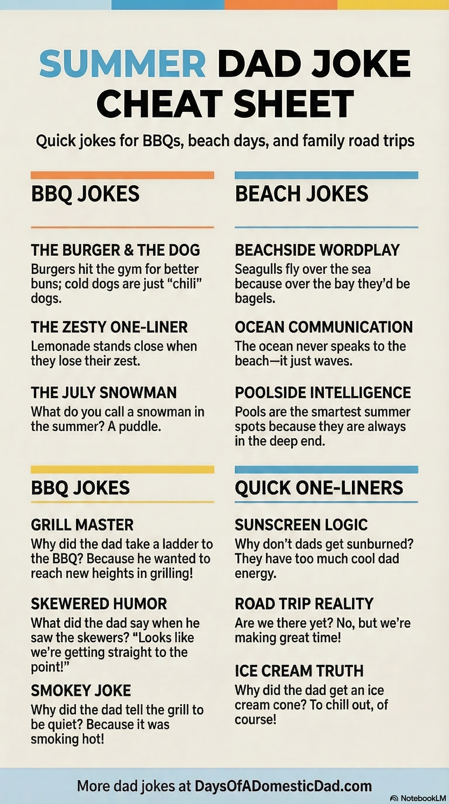 wallet size summer dad joke cheat sheet with BBQ beach pool and one-liner jokes for kids and families