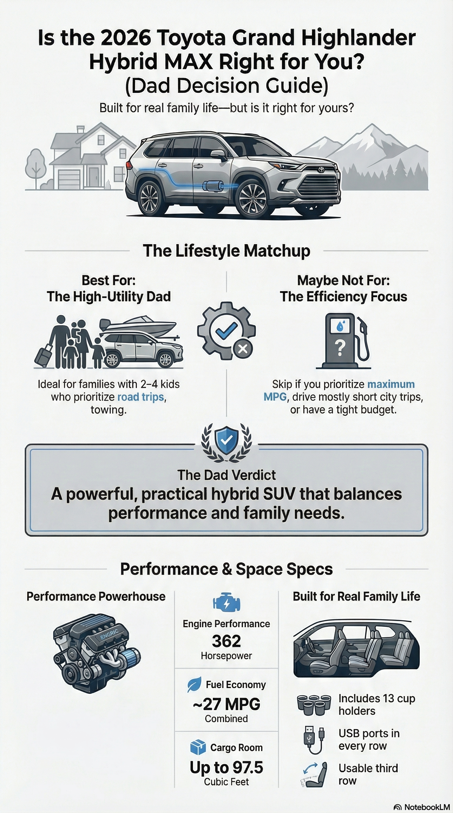 2026 Toyota Grand Highlander Hybrid MAX infographic with specs, MPG, horsepower, and dad-focused buying decision guide