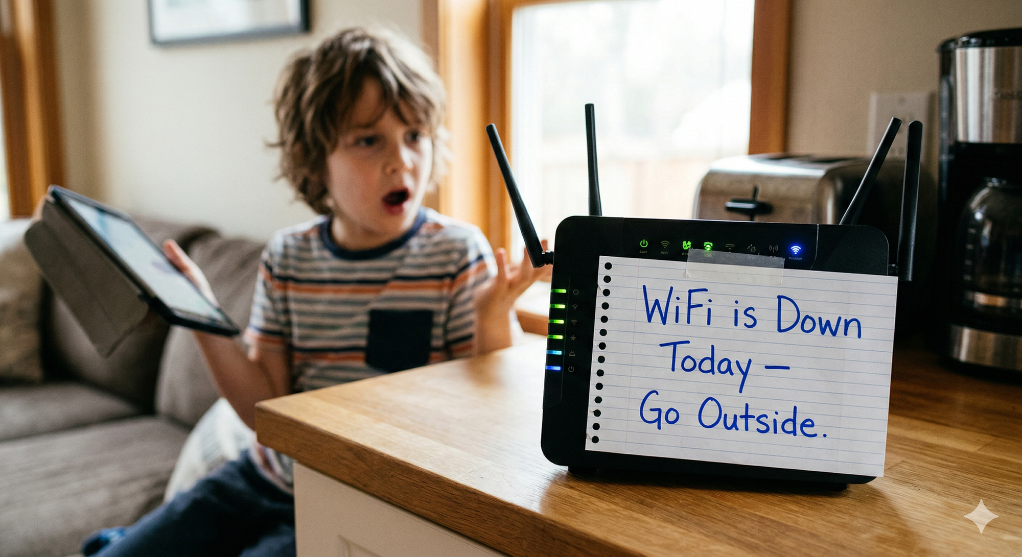 Child reacting to WiFi is down sign prank at home with router and tablet