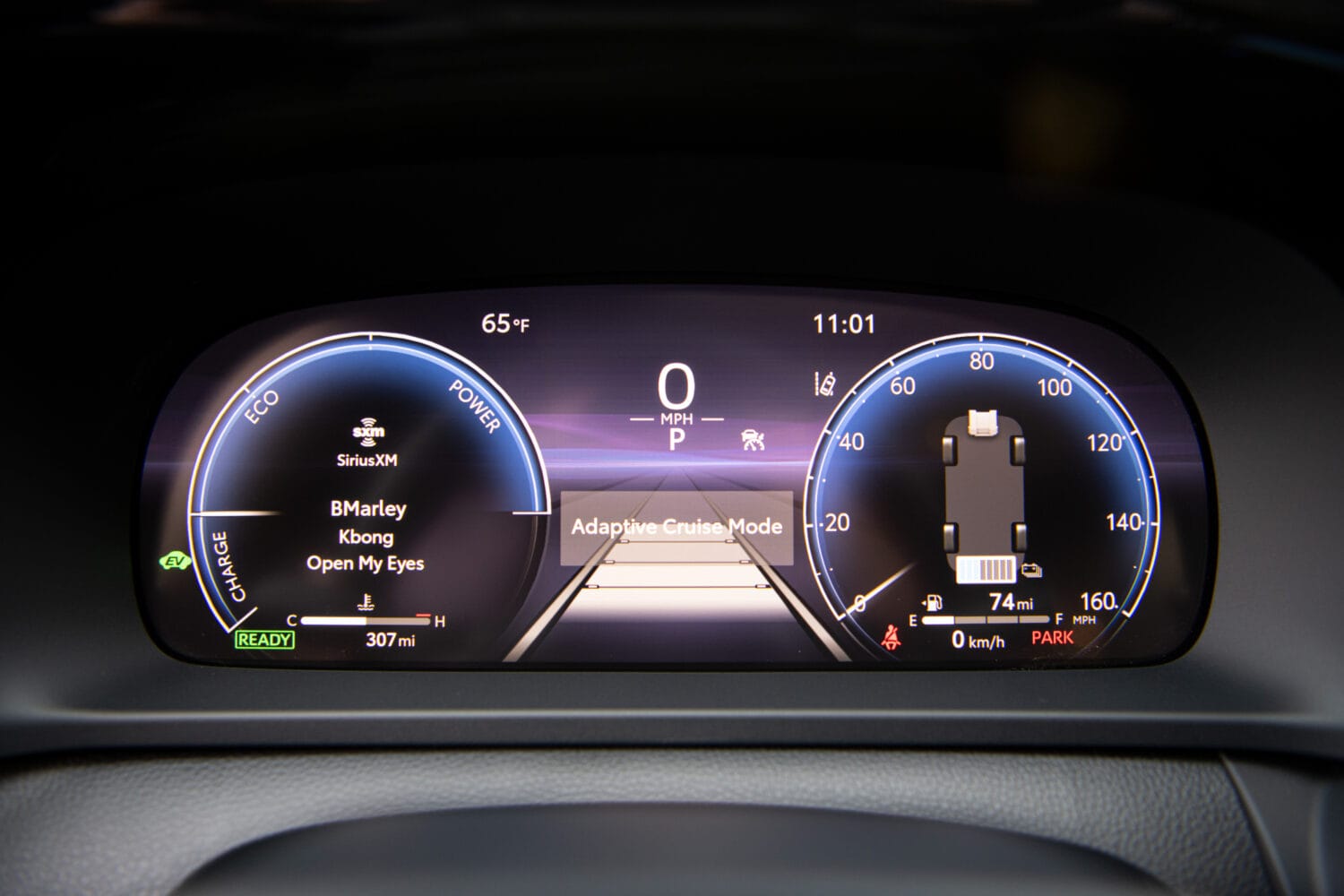 2026 Toyota Crown digital gauge cluster showing adaptive cruise control mode and hybrid driving information