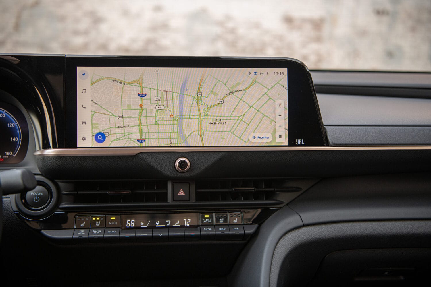 12.3-inch Toyota Crown infotainment touchscreen displaying built-in navigation and JBL premium audio branding
