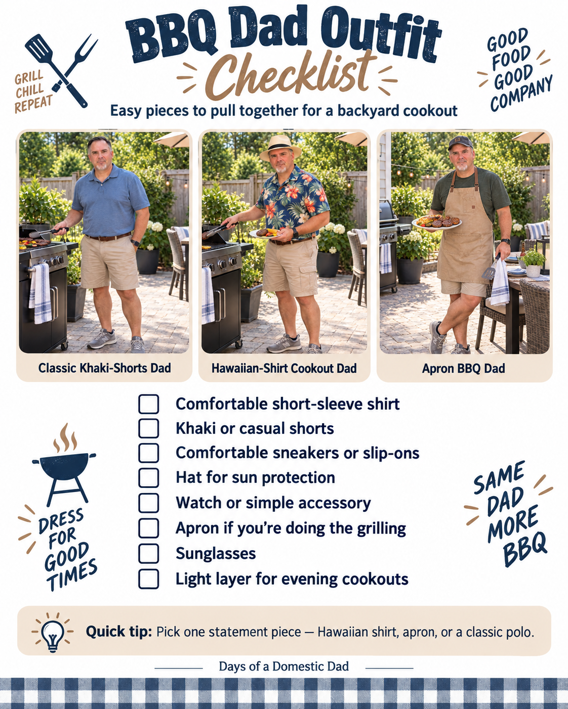 BBQ Dad Outfit Checklist featuring three backyard cookout looks with khaki shorts, a Hawaiian shirt, and a grilling apron.