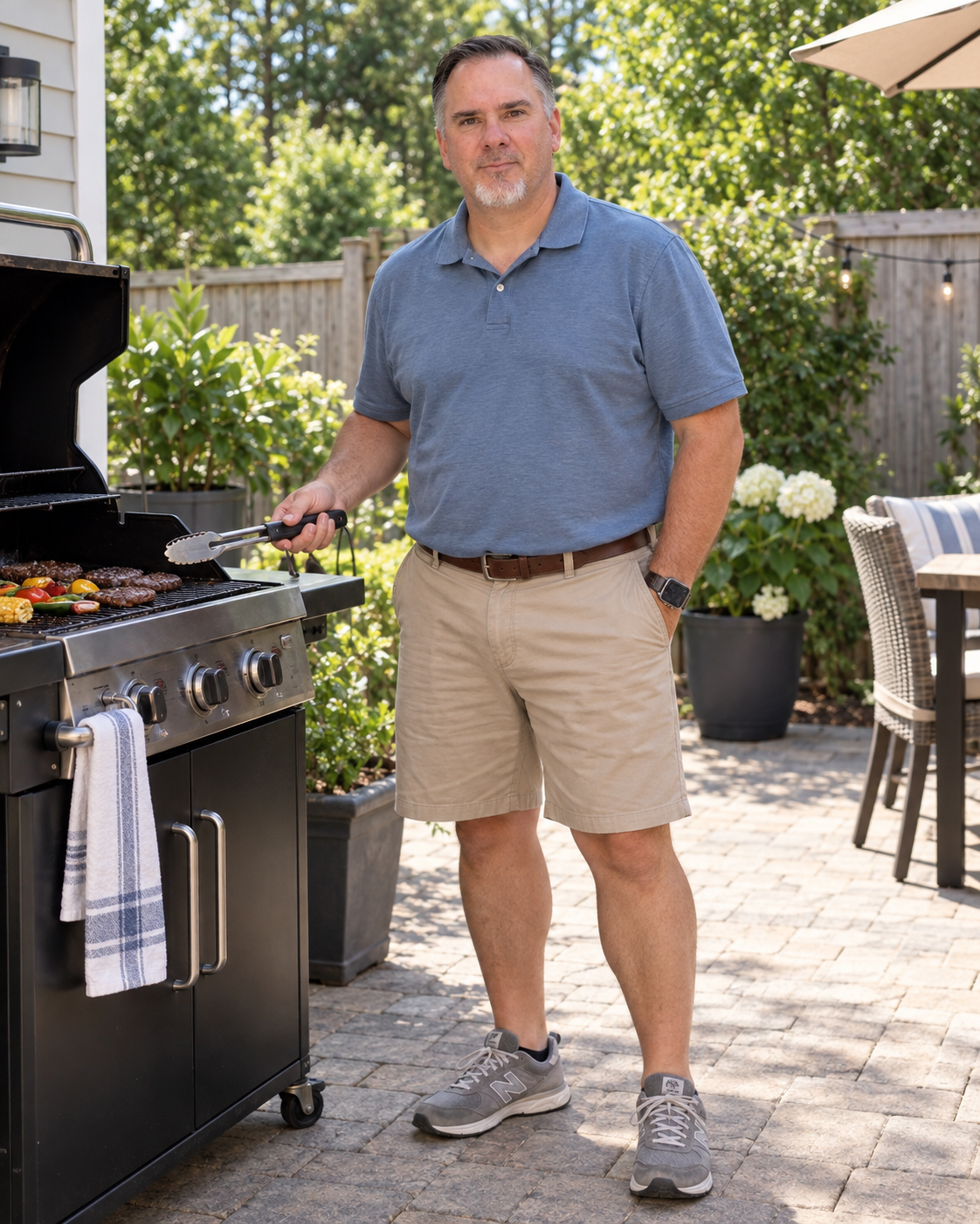 Dad wearing a blue polo shirt, khaki shorts, brown belt, and gray sneakers while grilling in a sunny backyard.