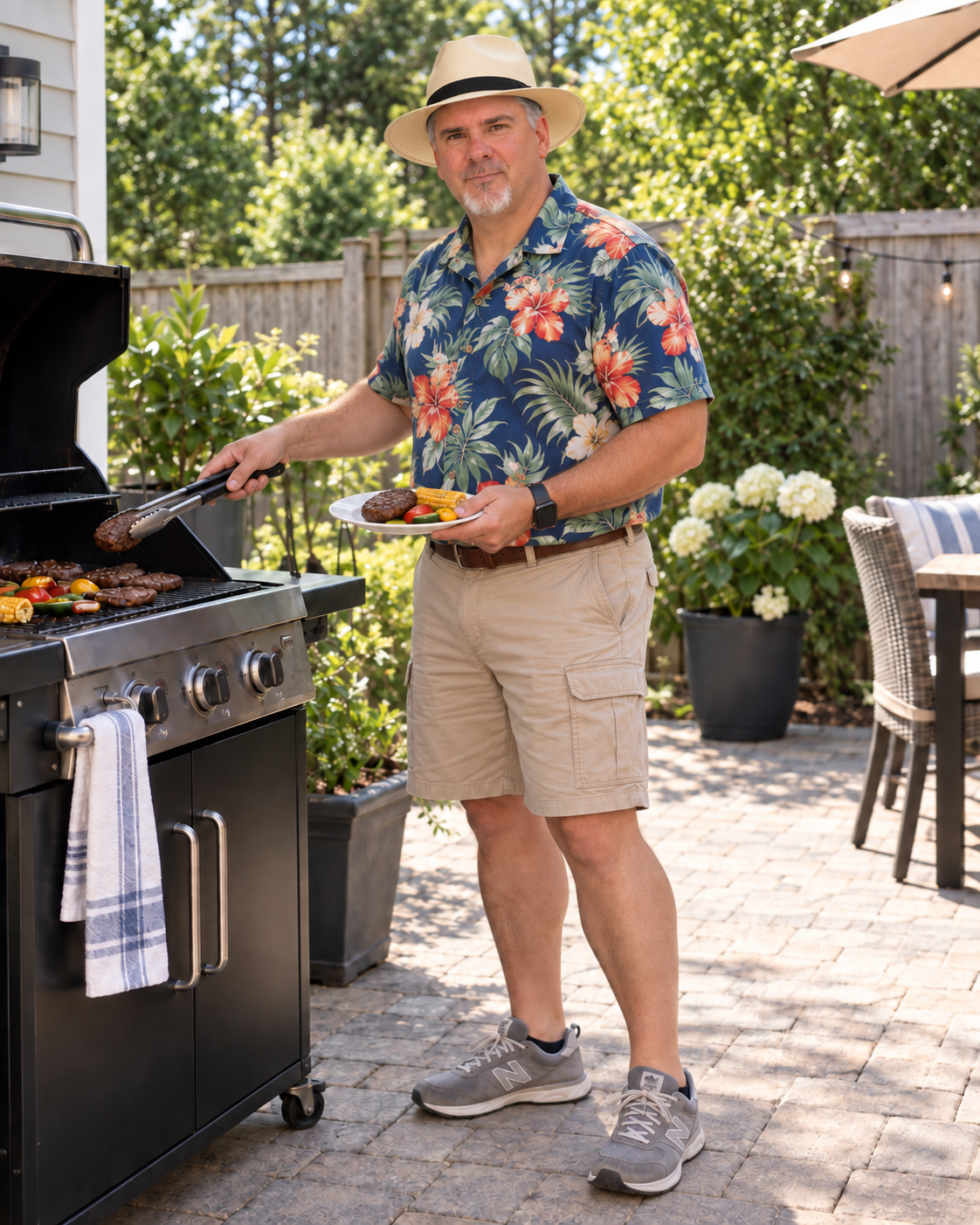 Dad wearing a tropical Hawaiian shirt, khaki shorts, gray sneakers, and a straw hat while grilling burgers at a backyard cookout.
