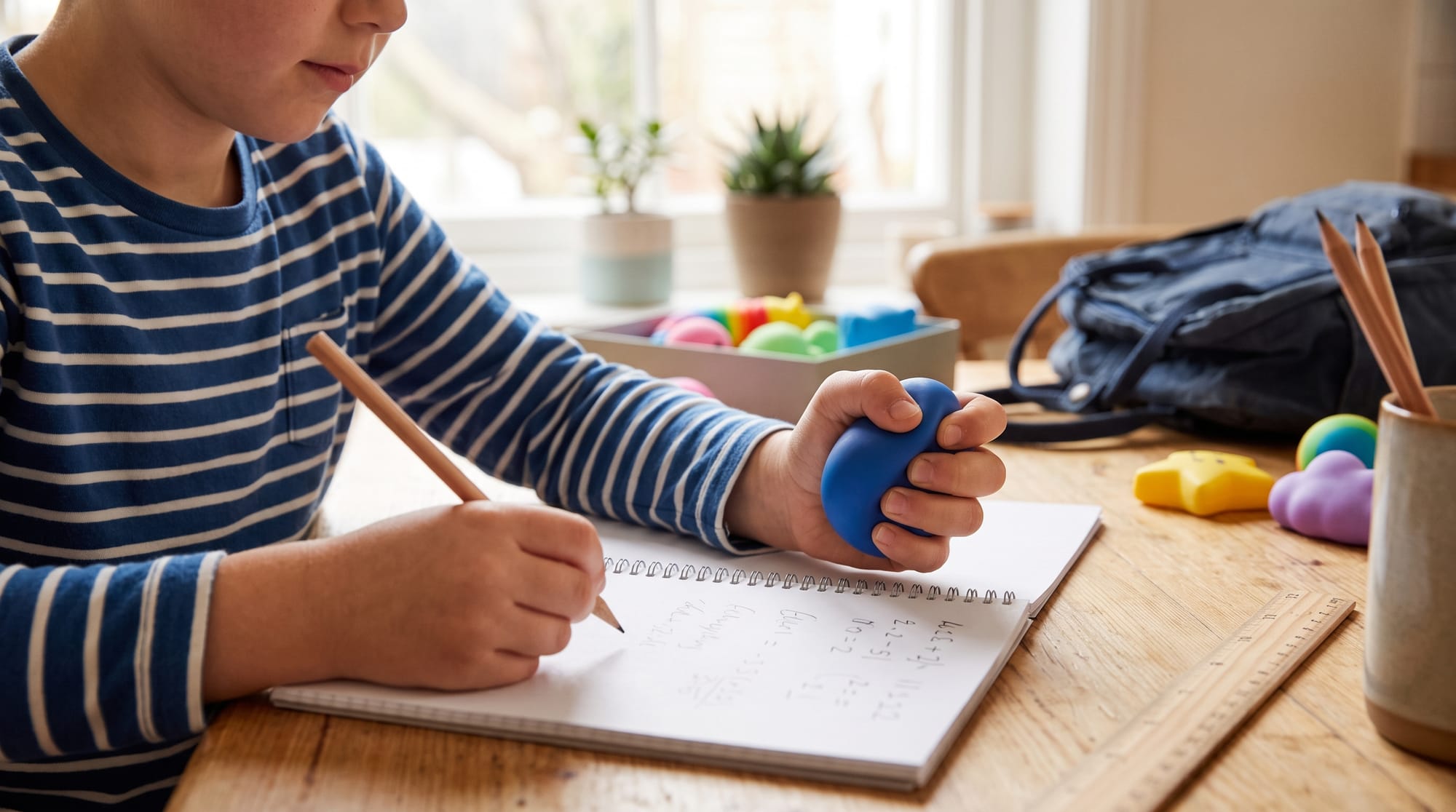 Child squeezing a blue squishy sensory toy while doing homework at a kitchen table