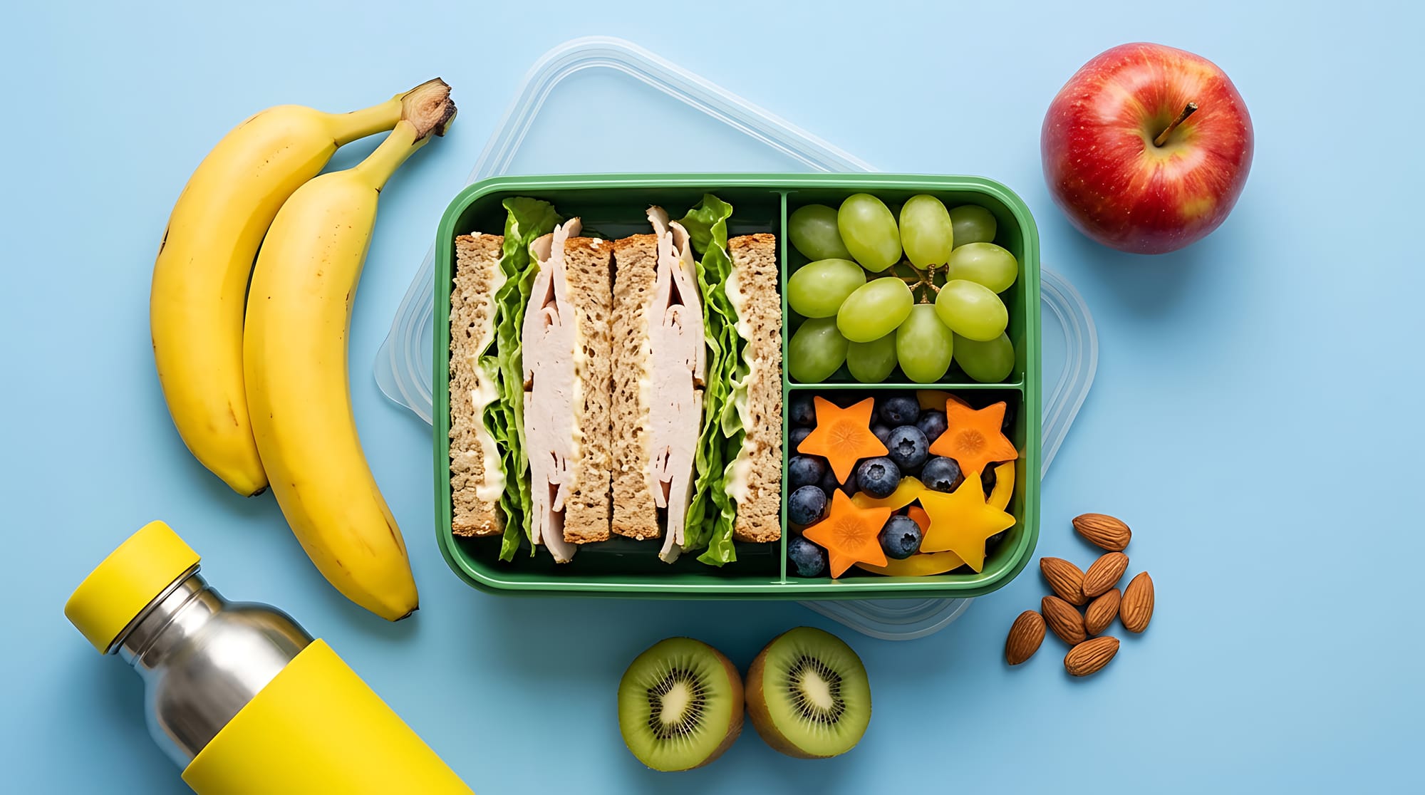Lunchbox with sandwich triangles, grapes, blueberries, and star-shaped vegetables.