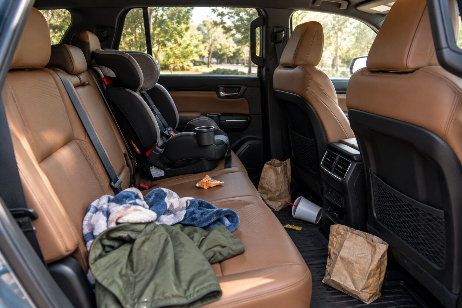 Family SUV interior with a car seat and fast-food bags on the floor