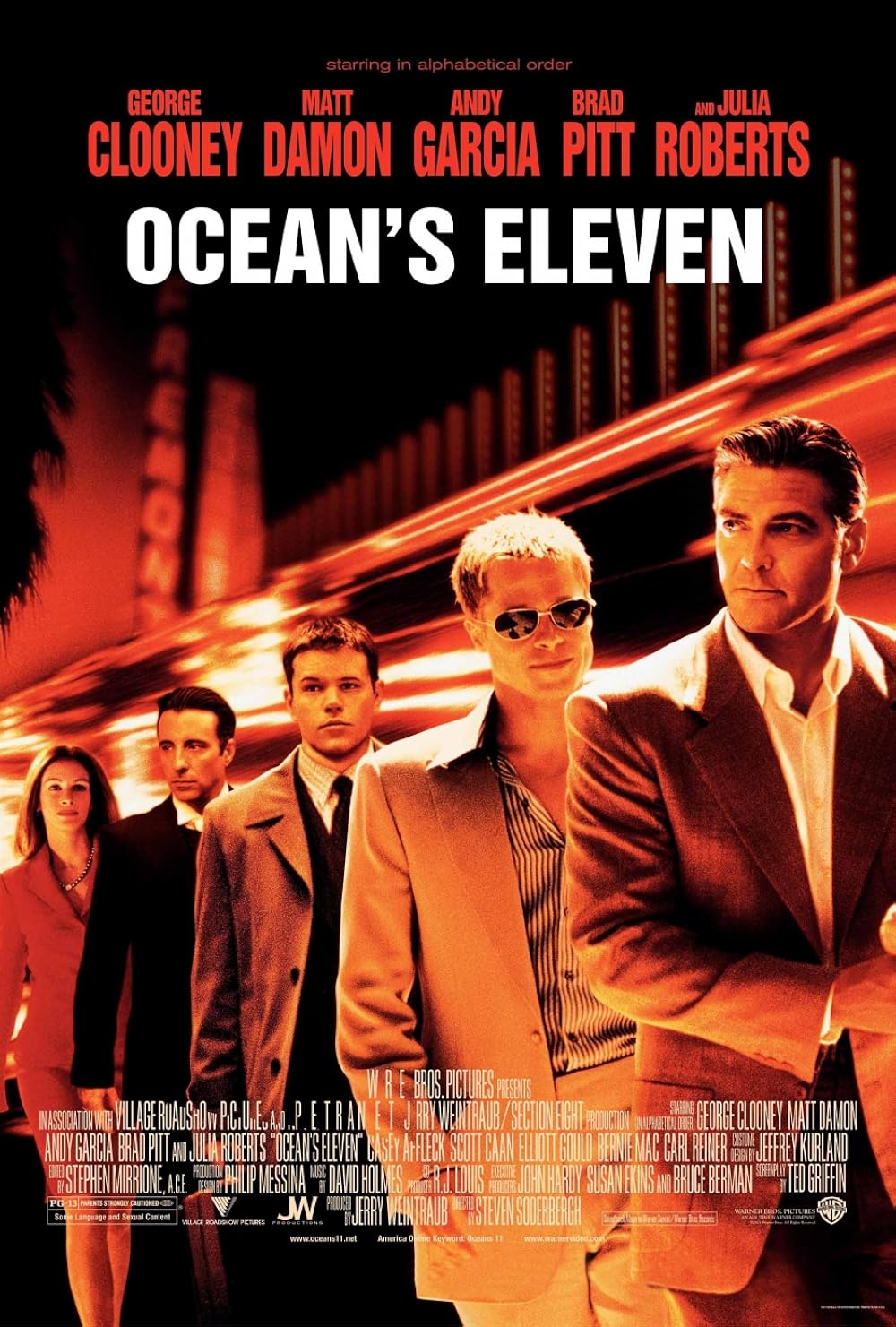 Ocean's Eleven 2001 movie poster featuring George Clooney, Matt Damon, Andy Garcia, Brad Pitt and Julia Roberts
