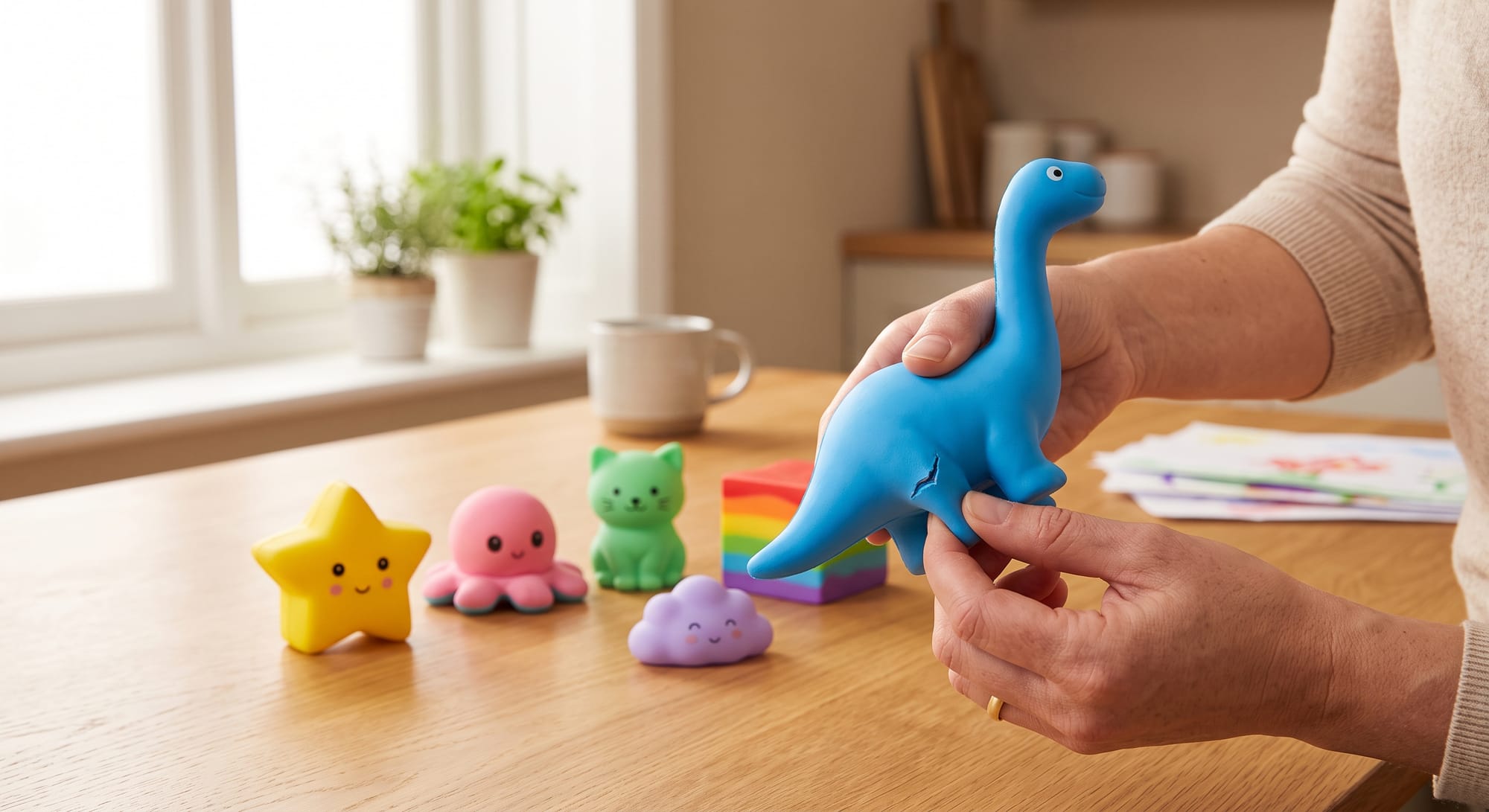 Parent checking a squishy toy for tears and damage