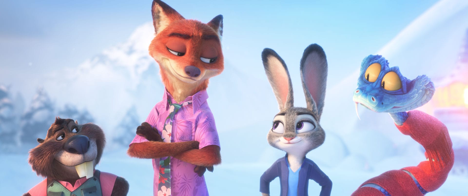 Nibbles Maplestick, Nick Wilde, Judy Hopps and Gary De’Snake together in Zootopia 2.