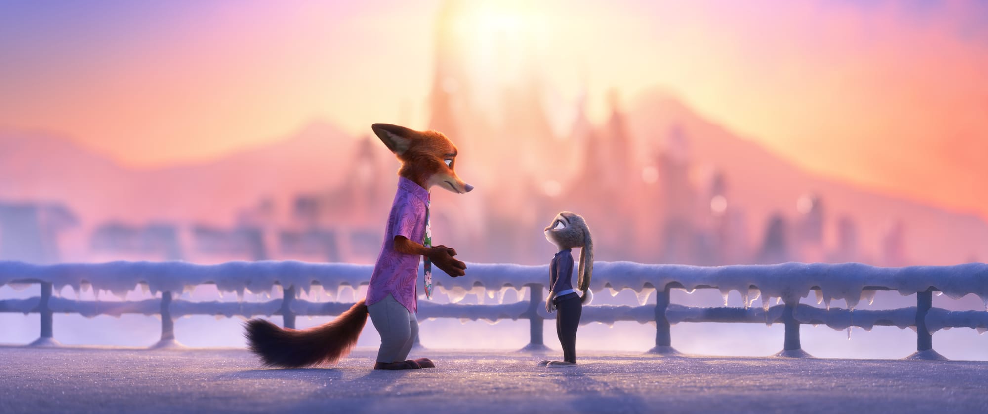 Nick Wilde and Judy Hopps talking on a snowy walkway at sunset in Zootopia 2.