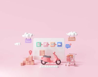 3d fast delivery service, packaging deliver by scooter concept, online shopping.