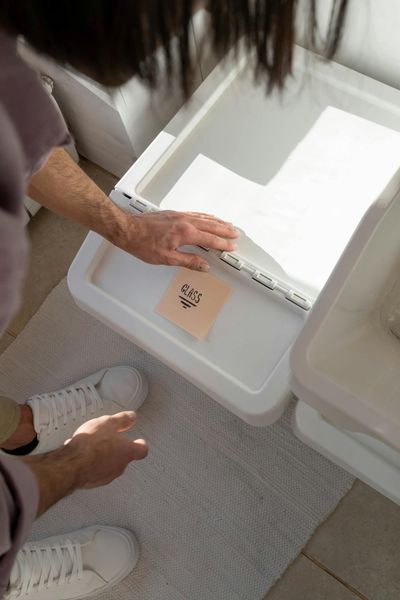 A Person Putting a Sticky Note on the White Trash Bin