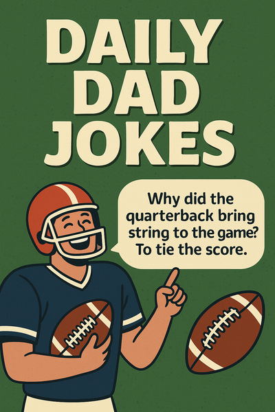 Cartoon football player in a red helmet holding a ball and laughing, with a speech bubble saying: Why did the quarterback bri