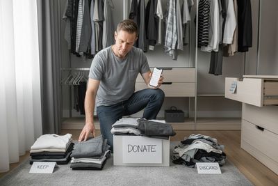 Man organizing clothes into keep, donate, and discard piles in a closet while holding a smartphone