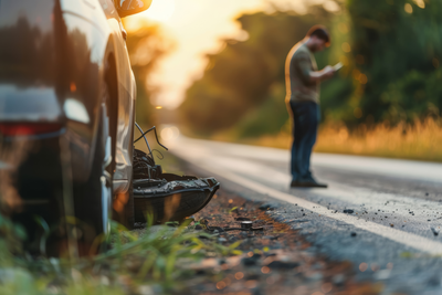 Damaged car at the side of a rural road with a concerned man in the background, standing and making a phone call after an acc