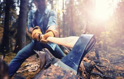 Male worker with an ax chopping a tree in the forest