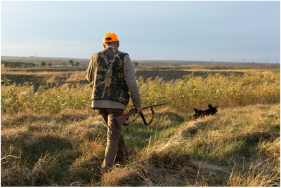 Man with a rifle and hunting dog walking through a grassy field, illustrating the benefits of setting up a hunting lease on p