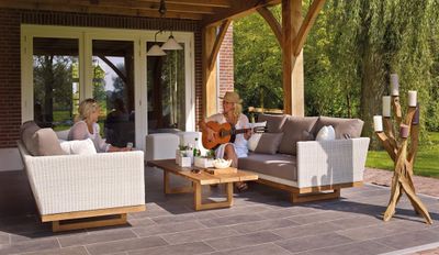 Two Women Sitting on Sofa outside in the backyard