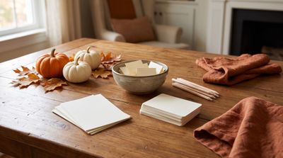 Thanksgiving game supplies on a wooden table with blank cards, pencils, a bowl of notes and small pumpkins.