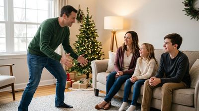 Family playing Christmas charades in a living room beside a decorated Christmas tree.