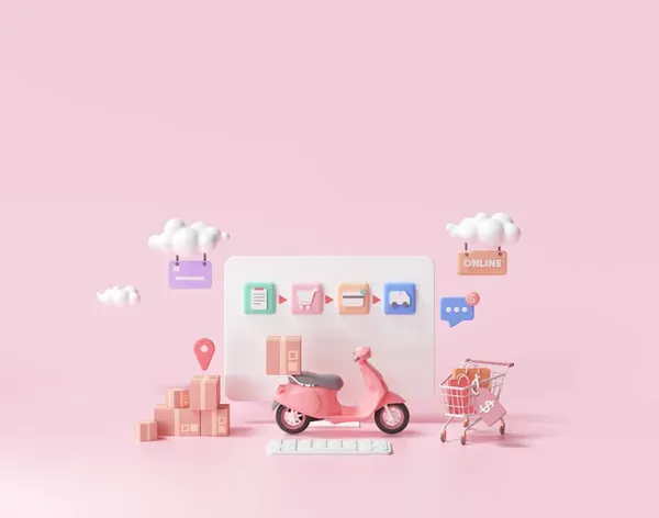 3d fast delivery service, packaging deliver by scooter concept, online shopping.