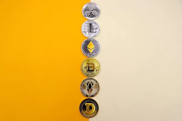 Cryptocurrency Background Featuring Six Crypto Coins