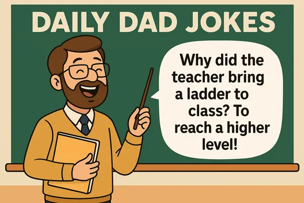 Cartoon teacher with glasses and beard holding a folder and pointer in front of a chalkboard, with a speech bubble that says: