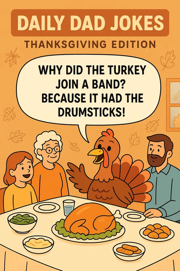 Cartoon Thanksgiving scene with a talking turkey at the dinner table saying, ‘Why did the turkey join a band? Because it had