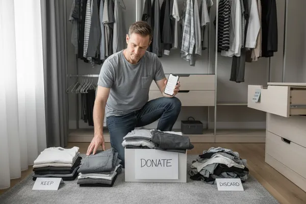 Man organizing clothes into keep, donate, and discard piles in a closet while holding a smartphone